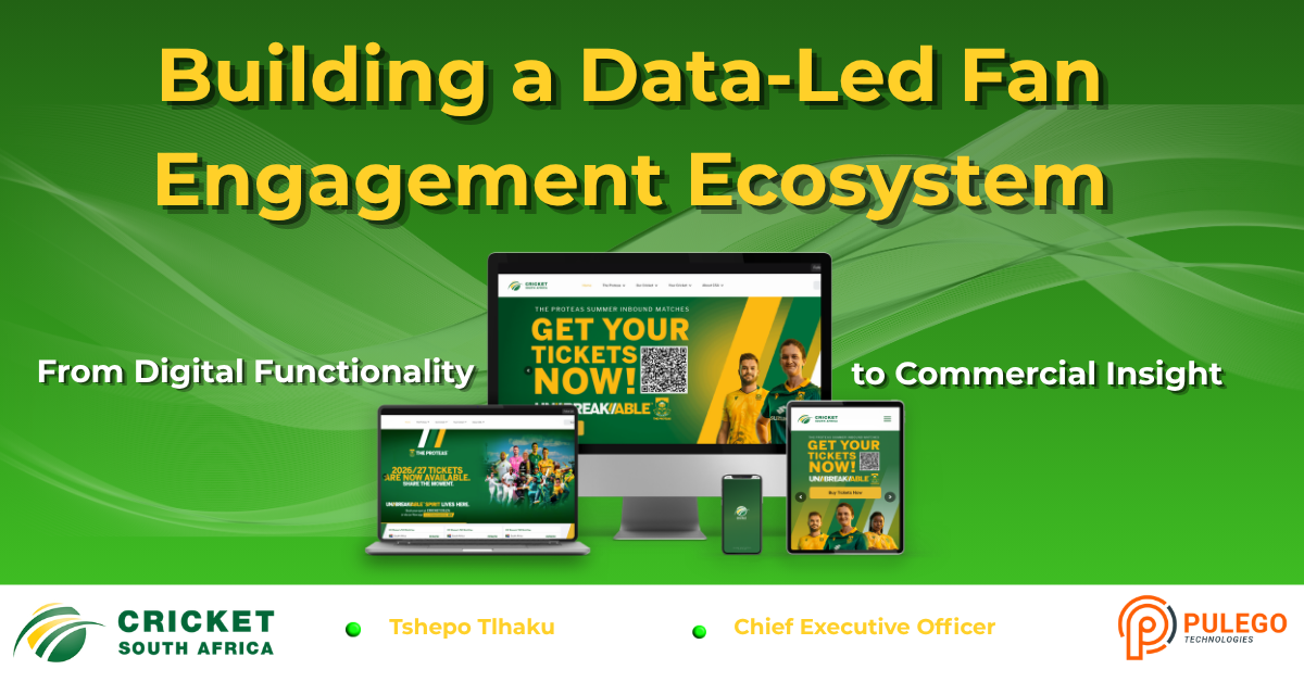 Green gradient hero banner promoting a data-led fan engagement ecosystem for Cricket South Africa, with multiple devices showing campaign visuals and partner logos on the bottom edge.