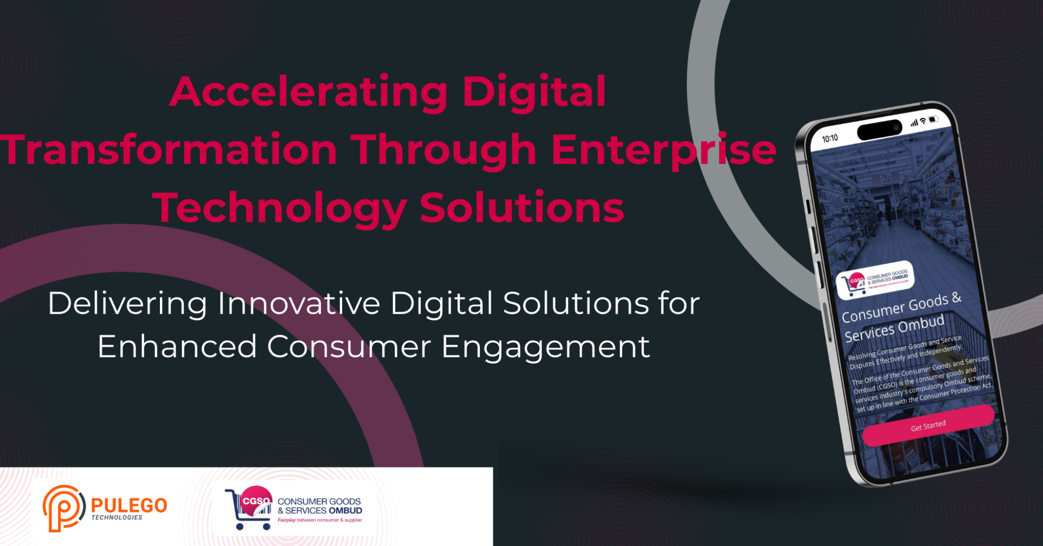 Hero banner: 'Accelerating Digital Transformation Through Enterprise Technology Solutions' with a smartphone mockup on the right.